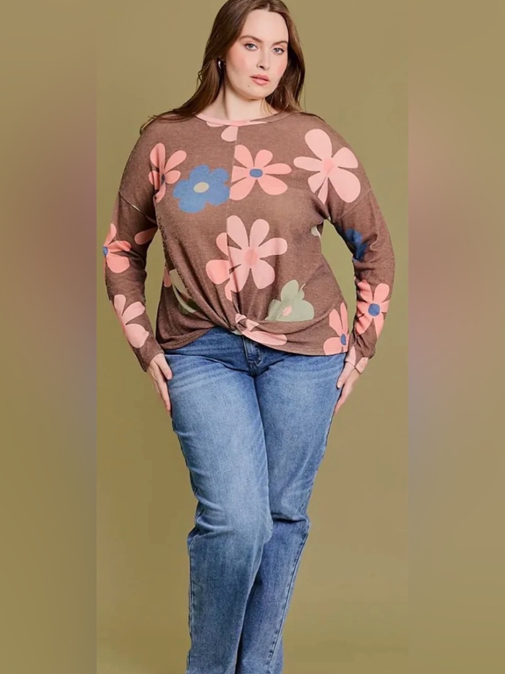 GILLI Plus Floral Twist Front Oversized Top Brown NWT 1X 2X 3X